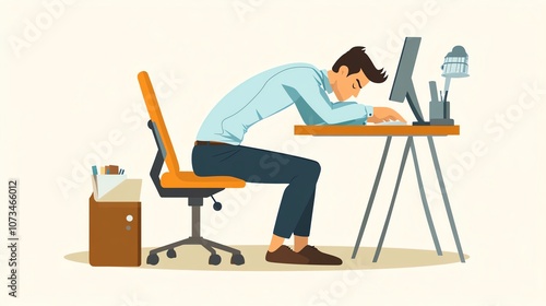 Tired man at desk, exhausted from work.