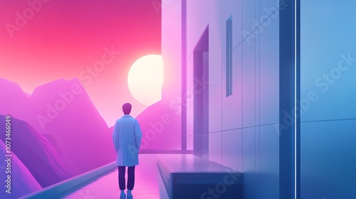 Scientist observing a sunset in a modern world.