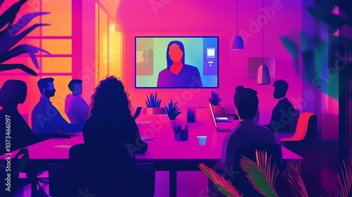 Virtual meeting in a colorful office setting