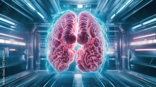 Obraz na płótnie 3D Holographic Brain Anatomy Visualization Future of Medical Technology Interactive 3D model showcases detailed human brain anatomy with stunning visual clarity, offering a glimpse into the future of w salonie