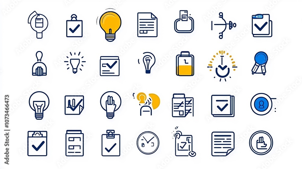 Minimalist outline icons designed for management software featuring essential elements like checklist goal setting and resources Flat graphics with clean editable strokes for use in UIUX Minimalist outline icons designed for management software featuring essential elements like checklist goal setting and resources Flat graphics with clean editable strokes for use in UIUX