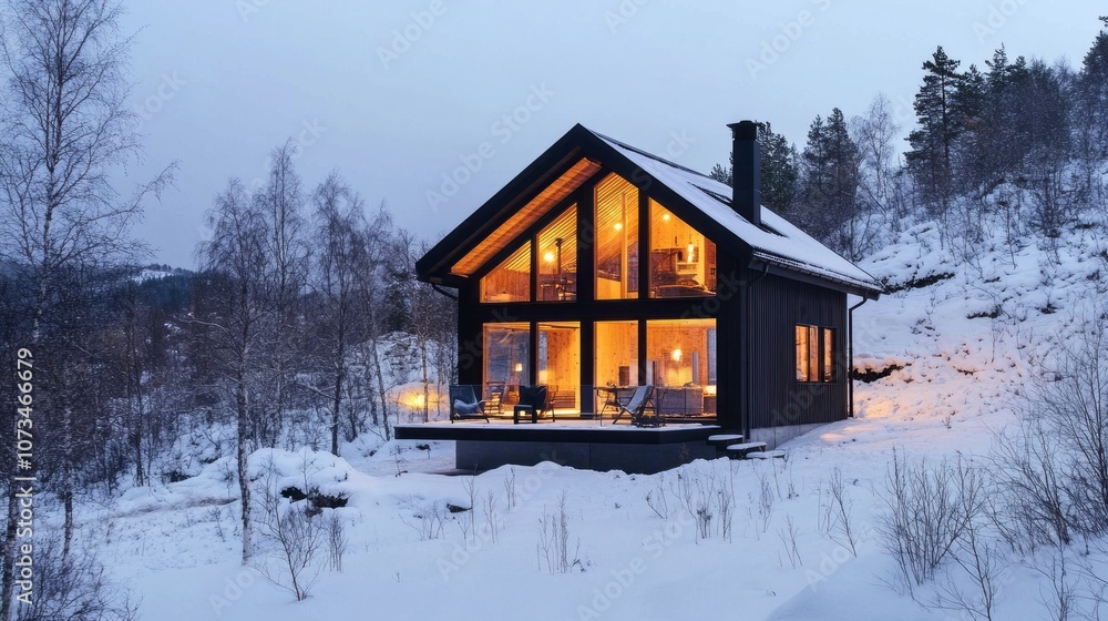Modern Cabin with Large Windows in Snowy Landscape Modern Cabin with Large Windows in Snowy Landscape