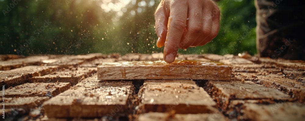 Beekeeper Harvesting Honey from Hive Close Up, Rustic Natural Texture, Honeycomb Extraction, Beekeeping in the Wild