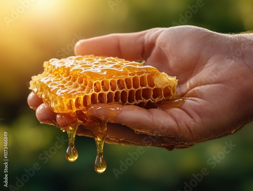Obraz na płótnie Beekeeper's Hand Holding Honeycomb Dripping with Nectar, Closeup of Beekeeping Harvest, Pure, Rustic, Natural Honey w salonie