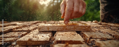 Obraz na płótnie Beekeeper Harvesting Honey from Hive Close Up, Rustic Natural Texture, Honeycomb Extraction, Beekeeping in the Wild w salonie