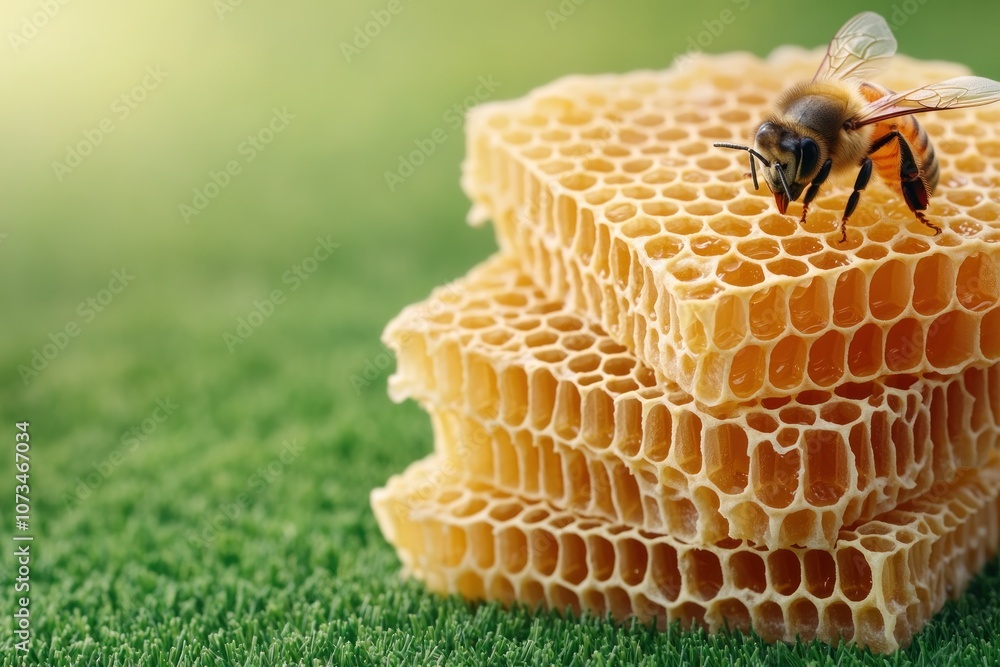 Beekeeper Harvesting Raw Honeycomb in a Rural Setting Close-Up Texture of Fresh Honeycomb with a Bee