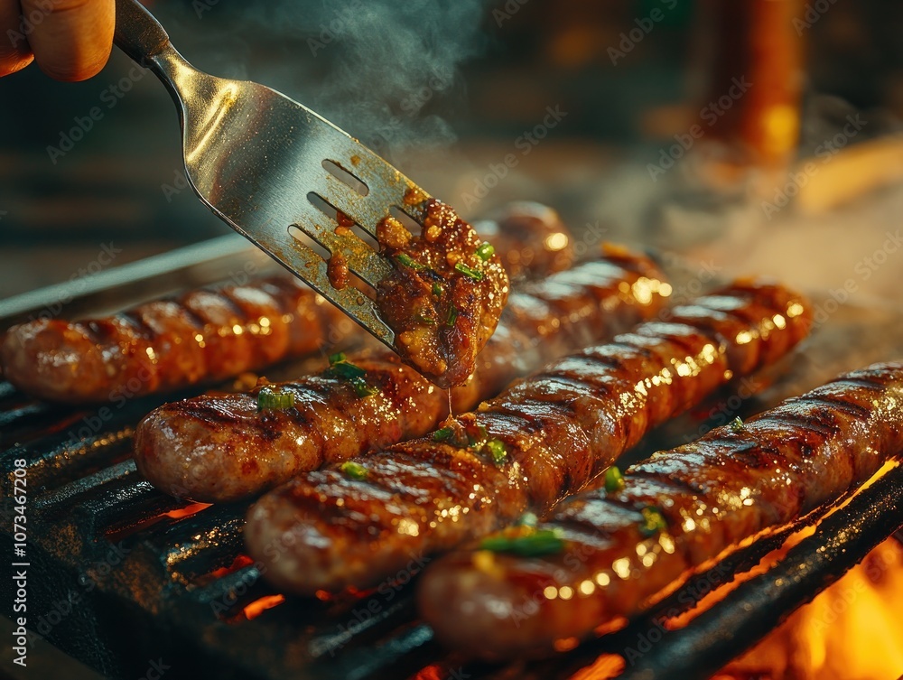Chef Grilling Delicious Sausages on a Barbecue Grill Using a Spatula, A Culinary Masterpiece of Flavor and Technique