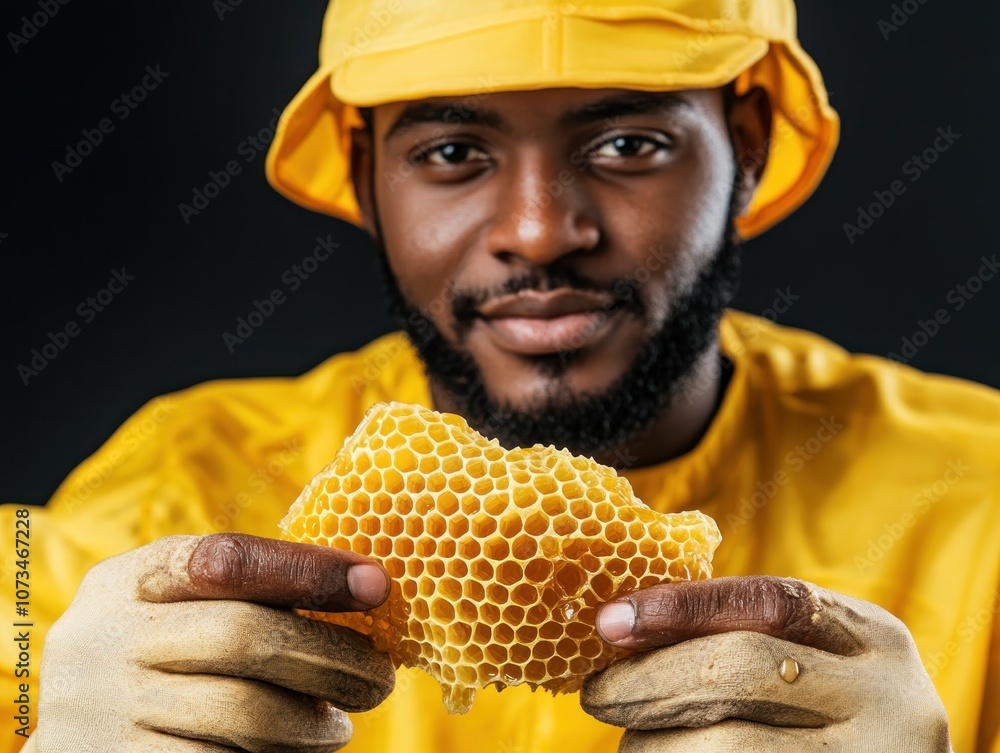 Close-up of a Beekeeper's Hand Holding a Honeycomb, Rustic and Raw, a Symbol of Natural Harvest, Fresh and Golden, Capturing the Essence of Beekeeping