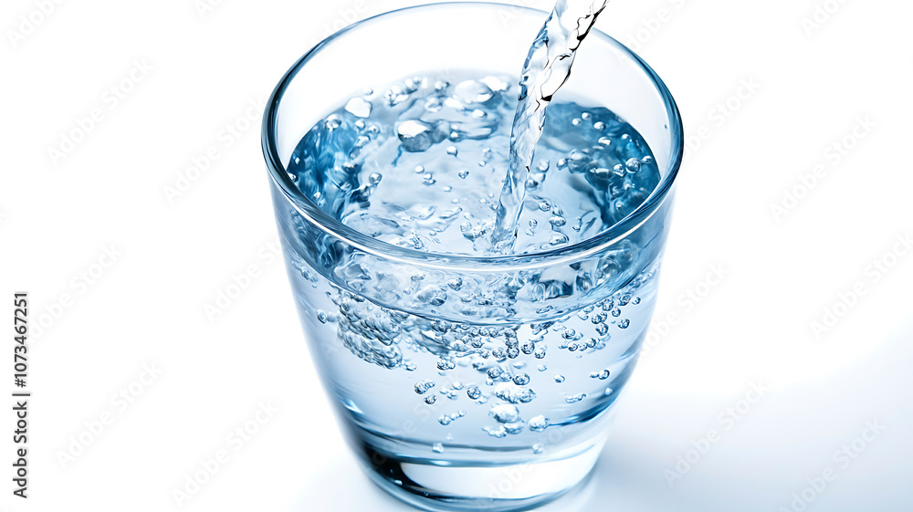 Water poured into a glass with ice on a white background. Water poured into a glass with ice on a white background.