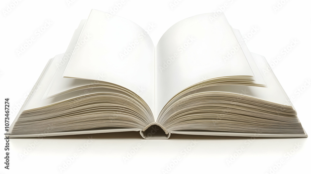 A blank, open book with white pages and a white background. A blank, open book with white pages and a white background.