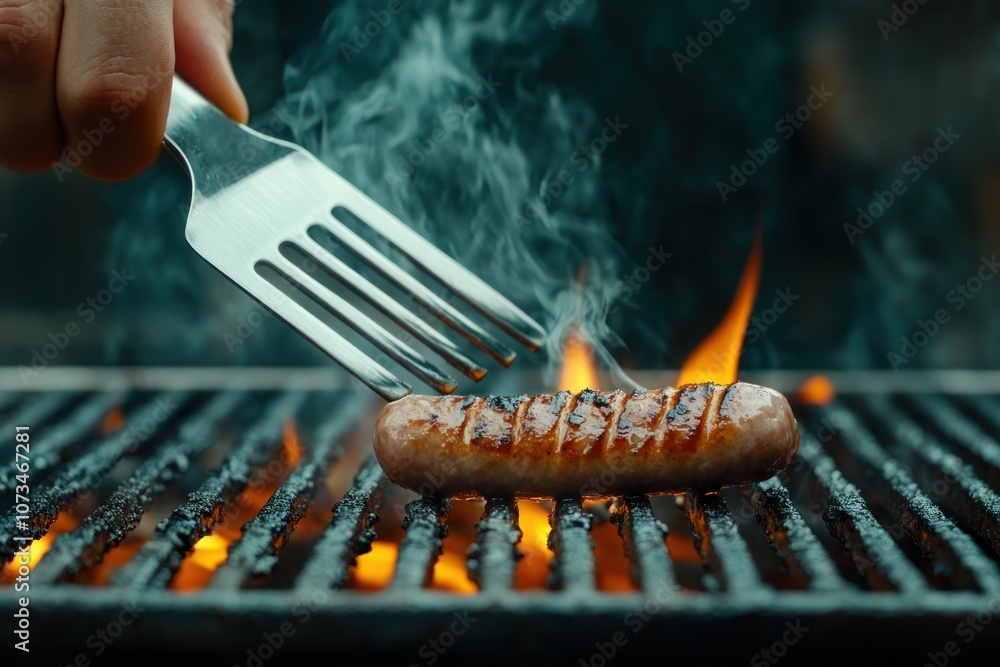 Close-Up of a Juicy Sausage Being Flipped on a Hot BBQ Grill with a Spatula, Creating Smoky Flavor and a Delicious Meal Backyard Grilling at Its Finest