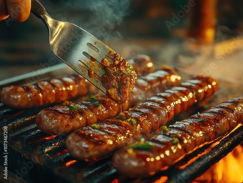 Obraz na płótnie Chef Grilling Delicious Sausages on a Barbecue Grill Using a Spatula, A Culinary Masterpiece of Flavor and Technique w salonie