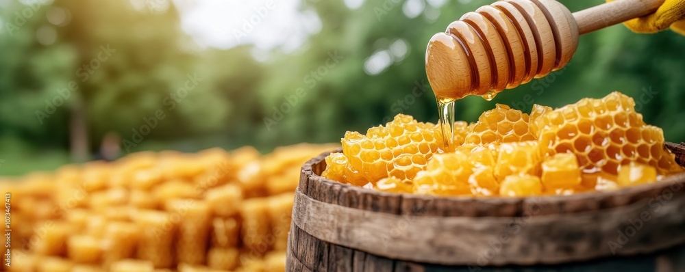 Close-Up of Beekeeper Pouring Thick Honey from Comb, Capturing the Essence of Beekeeping Harvest, Pure Wild Nectar, Golden Honeycomb Texture