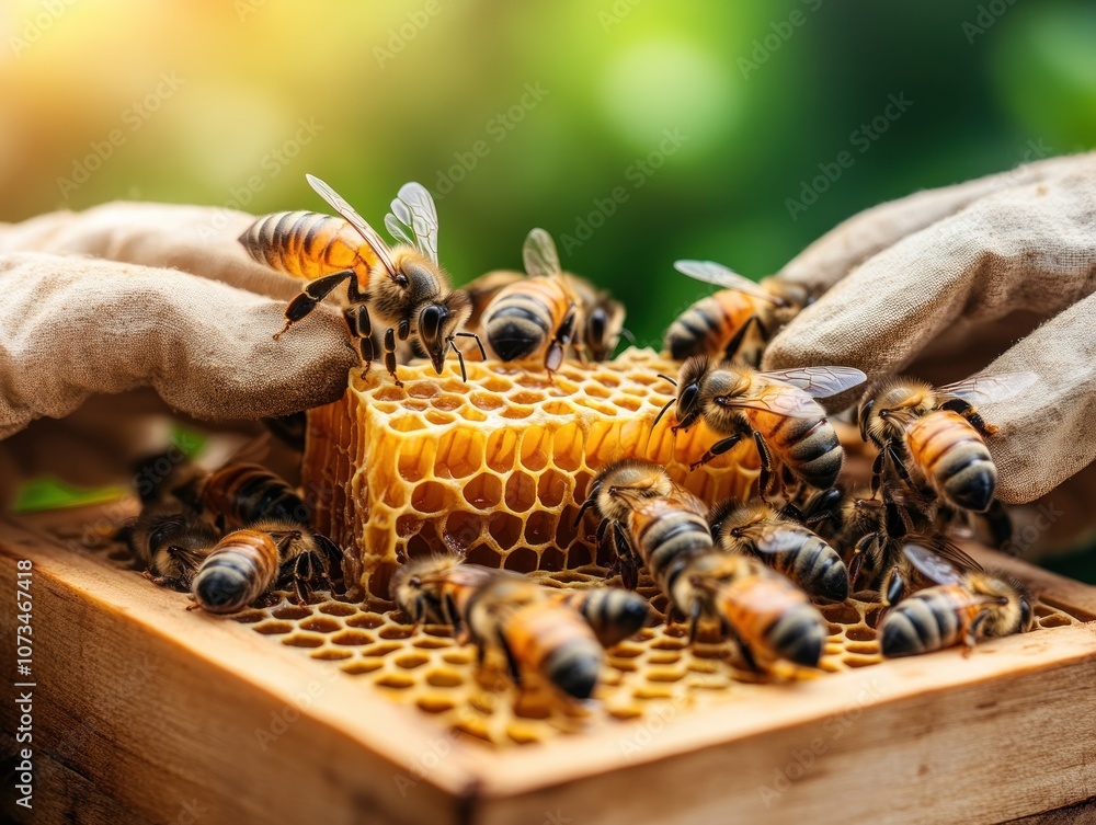 Close-up of Bees Harvesting Honey from Rustic Honeycomb, Beekeeping Harvest Raw Honey with Natural Texture, Fresh Honeycomb Frame with Bees Working