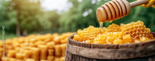 Obraz na płótnie Close-Up of Beekeeper Pouring Thick Honey from Comb, Capturing the Essence of Beekeeping Harvest, Pure Wild Nectar, Golden Honeycomb Texture w salonie