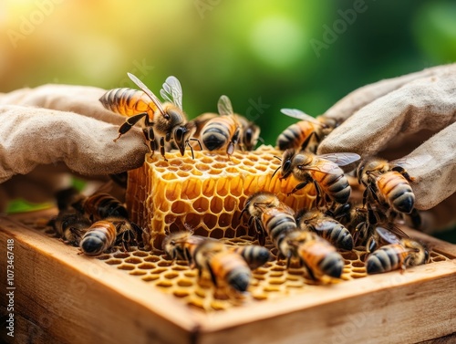 Obraz na płótnie Close-up of Bees Harvesting Honey from Rustic Honeycomb, Beekeeping Harvest Raw Honey with Natural Texture, Fresh Honeycomb Frame with Bees Working w salonie