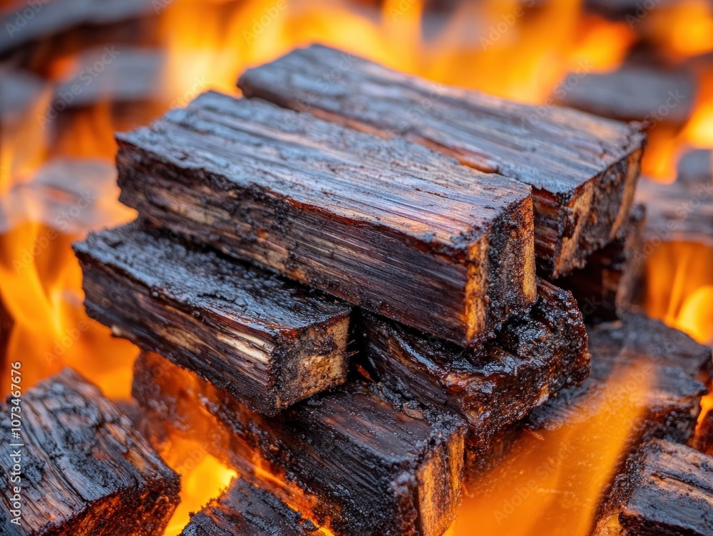 Close-up of burning wood chunks on a charcoal grill, creating a hot bed of coals for grilling juicy, smoky barbecue ribs The wood is charred and smoking, adding a delicious flavor to the meat The