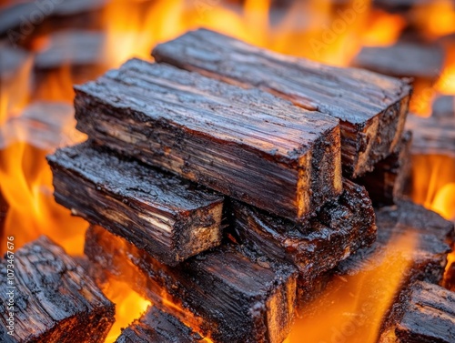Obraz na płótnie Close-up of burning wood chunks on a charcoal grill, creating a hot bed of coals for grilling juicy, smoky barbecue ribs The wood is charred and smoking, adding a delicious flavor to the meat The w salonie