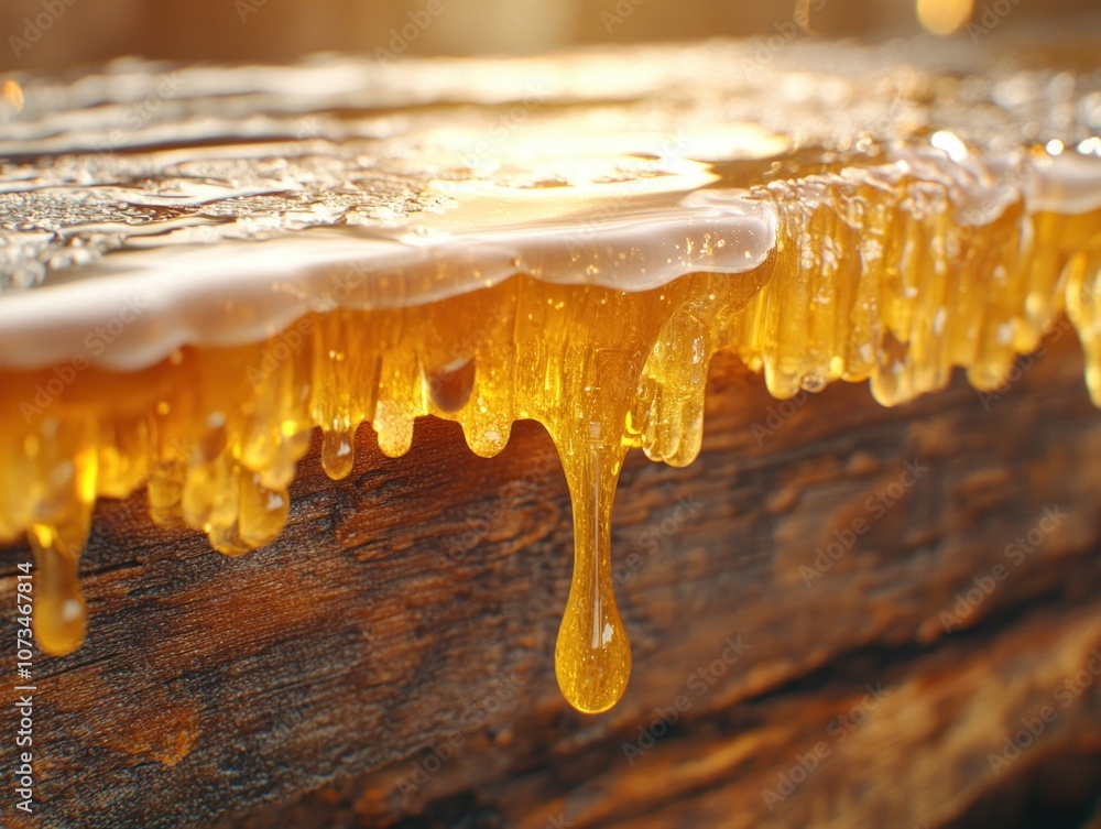 Close-up of Pure Honey Dripping from Wild Honeycomb, Natural Raw Honey Texture, Golden Nectar Harvest
