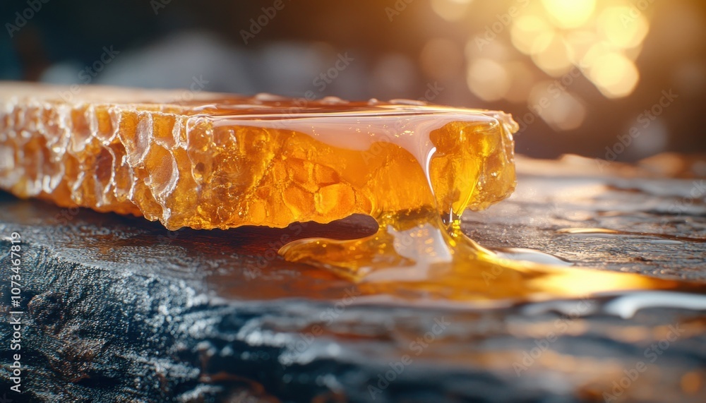 Close-up of Raw Honeycomb Dripping with Golden Nectar, Pure Beekeeping Harvest, Rustic Natural Beauty