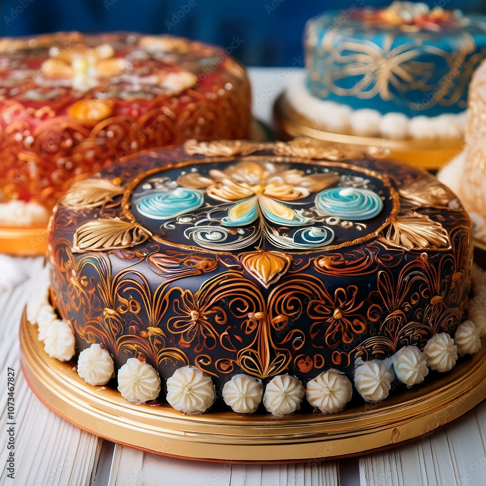 Close-up of intricately decorated traditional cakes used for celebrations, with detailed designs Close-up of intricately decorated traditional cakes used for celebrations, with detailed designs