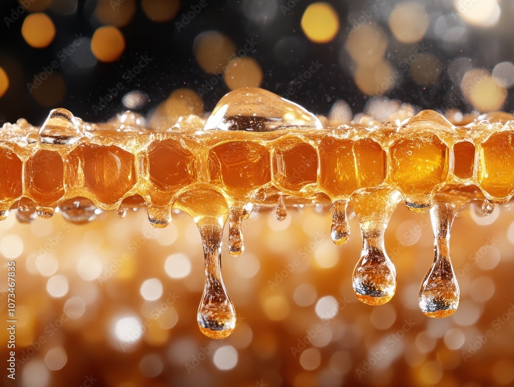 Close-up of Pure Honey Dripping from Wild Honeycomb, Showcasing the Natural Texture of Raw Honey, a Delicious and Healthy Treat Experience the Golden Glow and Rich Flavor of Unprocessed Honey