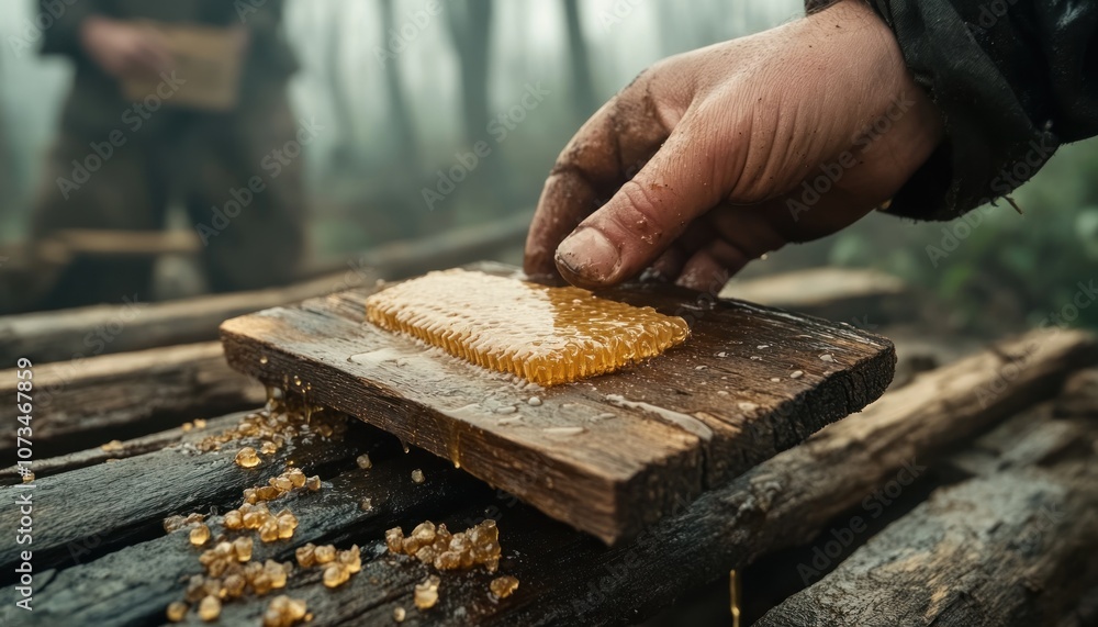 Closeup of Rustic Hands Harvesting Honey from Wild Hive in the Forest, Beekeeping Harvest Wild, Artisan Honey Production, Nature's Sweetness