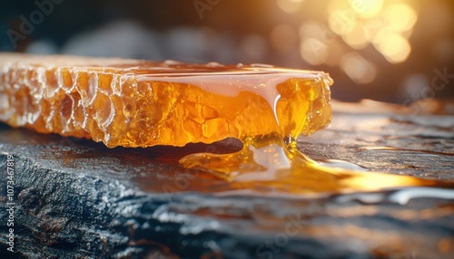 Obraz na płótnie Close-up of Raw Honeycomb Dripping with Golden Nectar, Pure Beekeeping Harvest, Rustic Natural Beauty w salonie