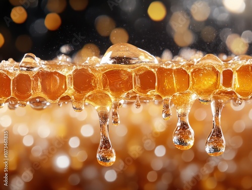 Obraz na płótnie Close-up of Pure Honey Dripping from Wild Honeycomb, Showcasing the Natural Texture of Raw Honey, a Delicious and Healthy Treat Experience the Golden Glow and Rich Flavor of Unprocessed Honey w salonie