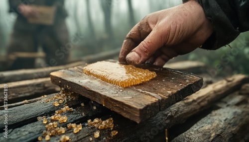 Obraz na płótnie Closeup of Rustic Hands Harvesting Honey from Wild Hive in the Forest, Beekeeping Harvest Wild, Artisan Honey Production, Nature's Sweetness w salonie