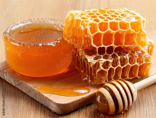 Obraz na płótnie Close-up of Rustic Honeycomb, Raw Honey Harvest, Beekeeping Tradition, Natural Sweetness, Golden Honeycomb Texture, Fresh Honeycomb, Honey Harvest, Beehive Honey, Golden Honey, Honeycomb Closeup w salonie