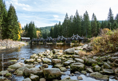 Wooden bridge, Rechle, at the Vchynicko-Tetovské canal on the Vydra River in Šumava