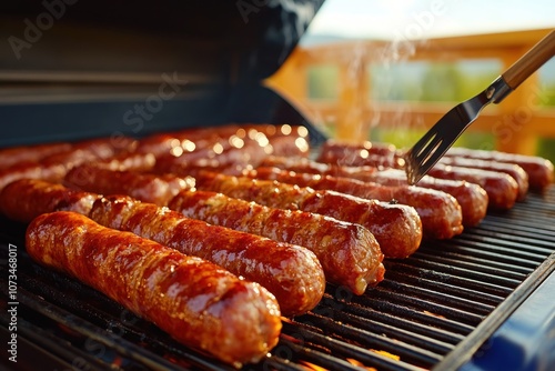 Obraz na płótnie Delicious Bacon-Wrapped Sausages Grilling on a BBQ, Spatula Turning for Perfect Cook, Enjoy a Smoky, Juicy Feast w salonie