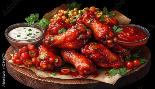 Obraz na płótnie Delicious BBQ Chicken Wings with Crispy Charred Edges, Smoky Flavor and Perfectly Cooked with Charcoal Enjoy this Mouthwatering Dish with Your Favorite Dips and Sides w salonie