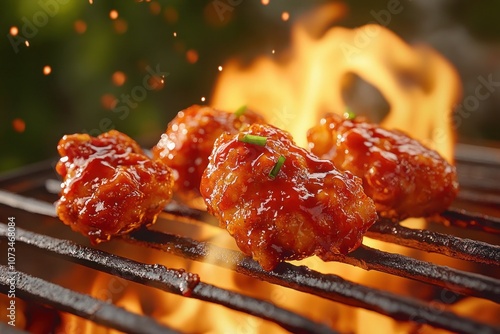 Obraz na płótnie Delicious BBQ Chicken with Crispy Skin and Smoky Charcoal Flavor, Grilled to Perfection with a Rich Barbecue Glaze w salonie