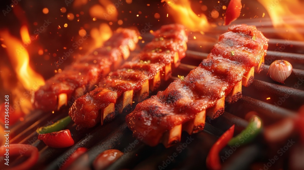 Delicious Charred Ribs on the Grill, BBQ Ribs with Crispy Edges and Smoke, Flavorful Grilled Ribs with Charcoal and Fire