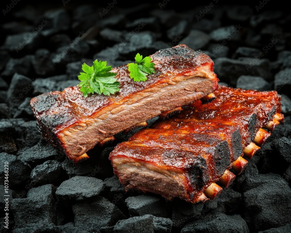 Delicious Charred BBQ Ribs with Smoky Flavor on Hot Coals, Crispy Texture and Perfect Bite, Barbecue Charcoal Grilling