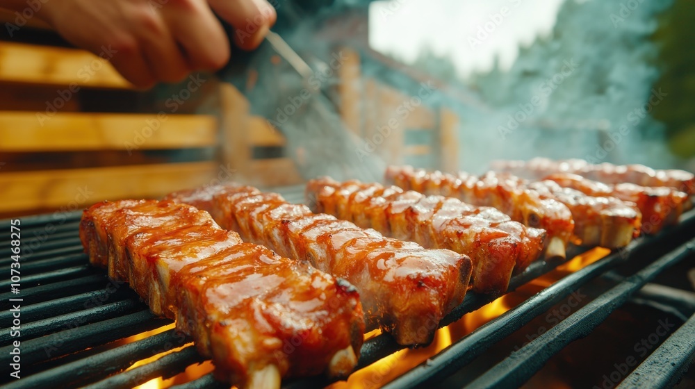 Delicious Glazed BBQ Ribs on a Hot Charcoal Grill, Crispy Edges and Smoky Flavor, Perfect Summer Cookout Recipe