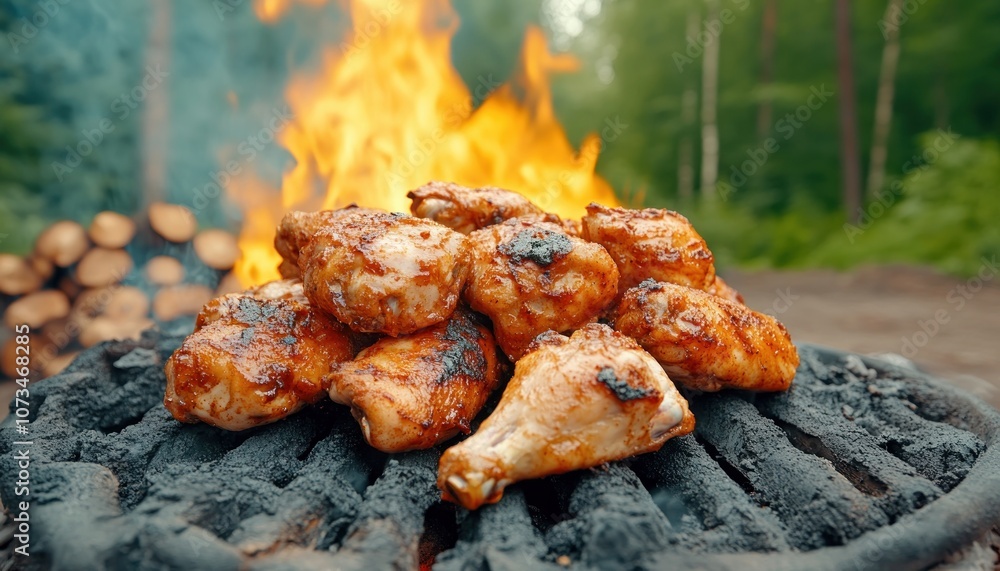 Delicious Grilled Chicken with Smoky Flavor, Charred to Perfection Crispy BBQ Chicken on a Charcoal Grill with Grill Marks