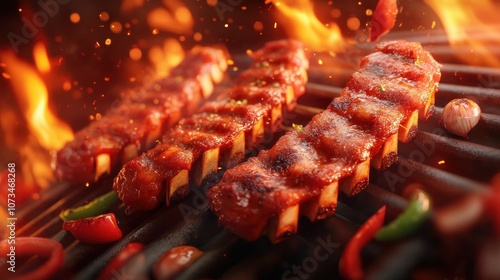 Delicious Charred Ribs on the Grill, BBQ Ribs with Crispy Edges and Smoke, Flavorful Grilled Ribs with Charcoal and Fire