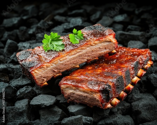Delicious Charred BBQ Ribs with Smoky Flavor on Hot Coals, Crispy Texture and Perfect Bite, Barbecue Charcoal Grilling