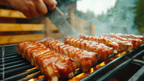 Obraz na płótnie Delicious Glazed BBQ Ribs on a Hot Charcoal Grill, Crispy Edges and Smoky Flavor, Perfect Summer Cookout Recipe w salonie