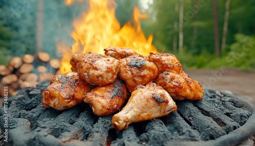 Obraz na płótnie Delicious Grilled Chicken with Smoky Flavor, Charred to Perfection Crispy BBQ Chicken on a Charcoal Grill with Grill Marks w salonie