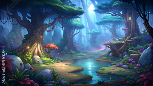 Cartoon mystical forest with a river running through it, featuring tall green trees, and numerous flowers and mushrooms scattered throughout. Background for the game.