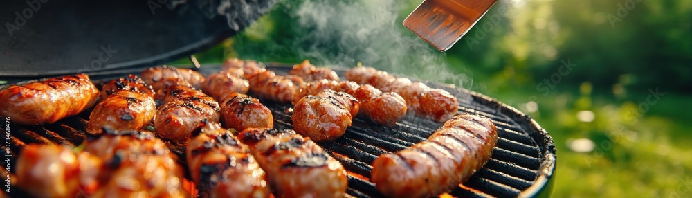Delicious Grilled Sausages on a Backyard BBQ, Perfect Summer Food with Smoky Flavor and a Crispy Crust Flipping Sausages with a Spatula, Enjoying the Taste of a Backyard BBQ