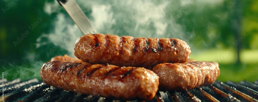 Delicious Grilled Sausages on the BBQ Flipping, Sizzling, and Smoke Perfect for a Summer Cookout or Backyard Gathering Enjoy the Flavor and Aroma of Perfectly Cooked Sausages