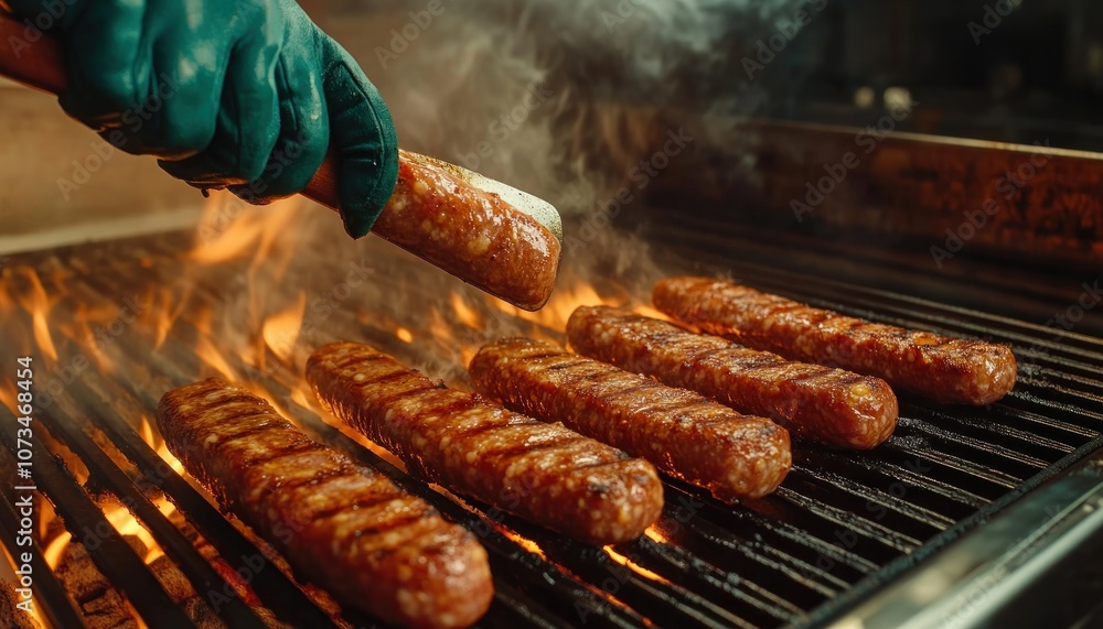 Delicious Grilled Sausages on a BBQ Grill with Chef Flipping Meat with Spatula, Smoke Rising in the Air, Perfect Summer Food