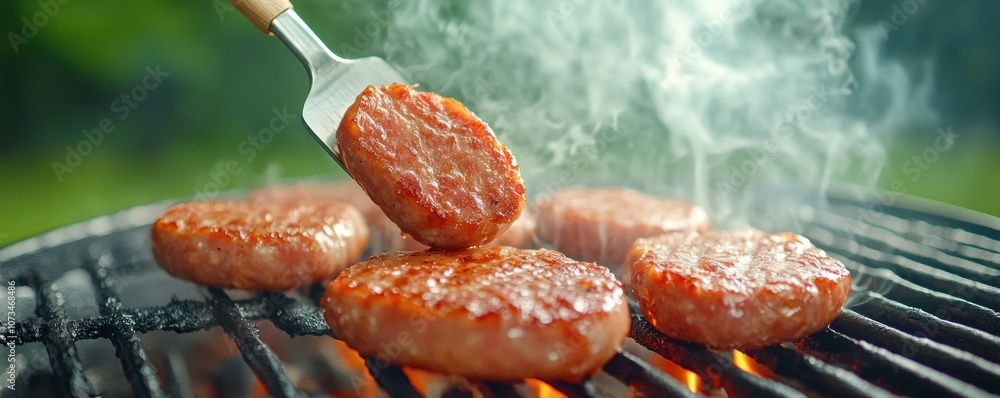 Delicious Grilled Sausages Spatula Flipping Meat on a Hot BBQ Grill, Smoke Rising, Creating a Perfect Summer Meal
