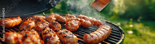 Obraz na płótnie Delicious Grilled Sausages on a Backyard BBQ, Perfect Summer Food with Smoky Flavor and a Crispy Crust Flipping Sausages with a Spatula, Enjoying the Taste of a Backyard BBQ w salonie
