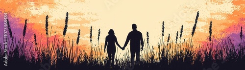 Couple Silhouettes at Sunset in Grass.